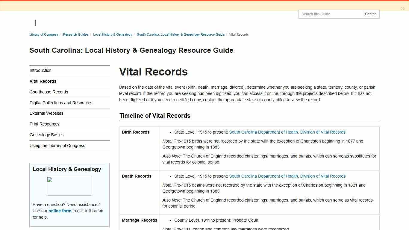 Vital Records - South Carolina: Local History & Genealogy Resource Guide - Research Guides at Library of Congress